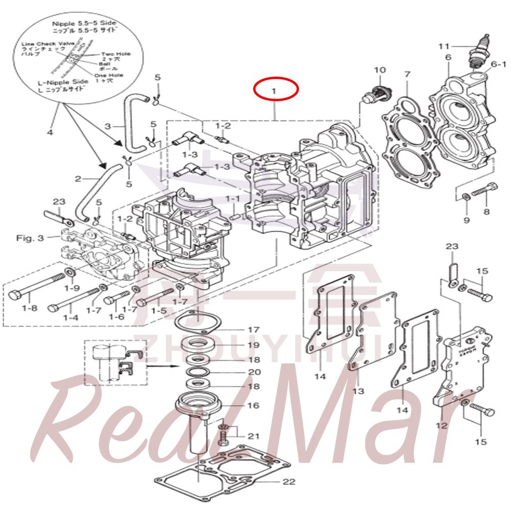 Fig. 1 CYLINDER・CRANK CASE ASS'Y Рис.