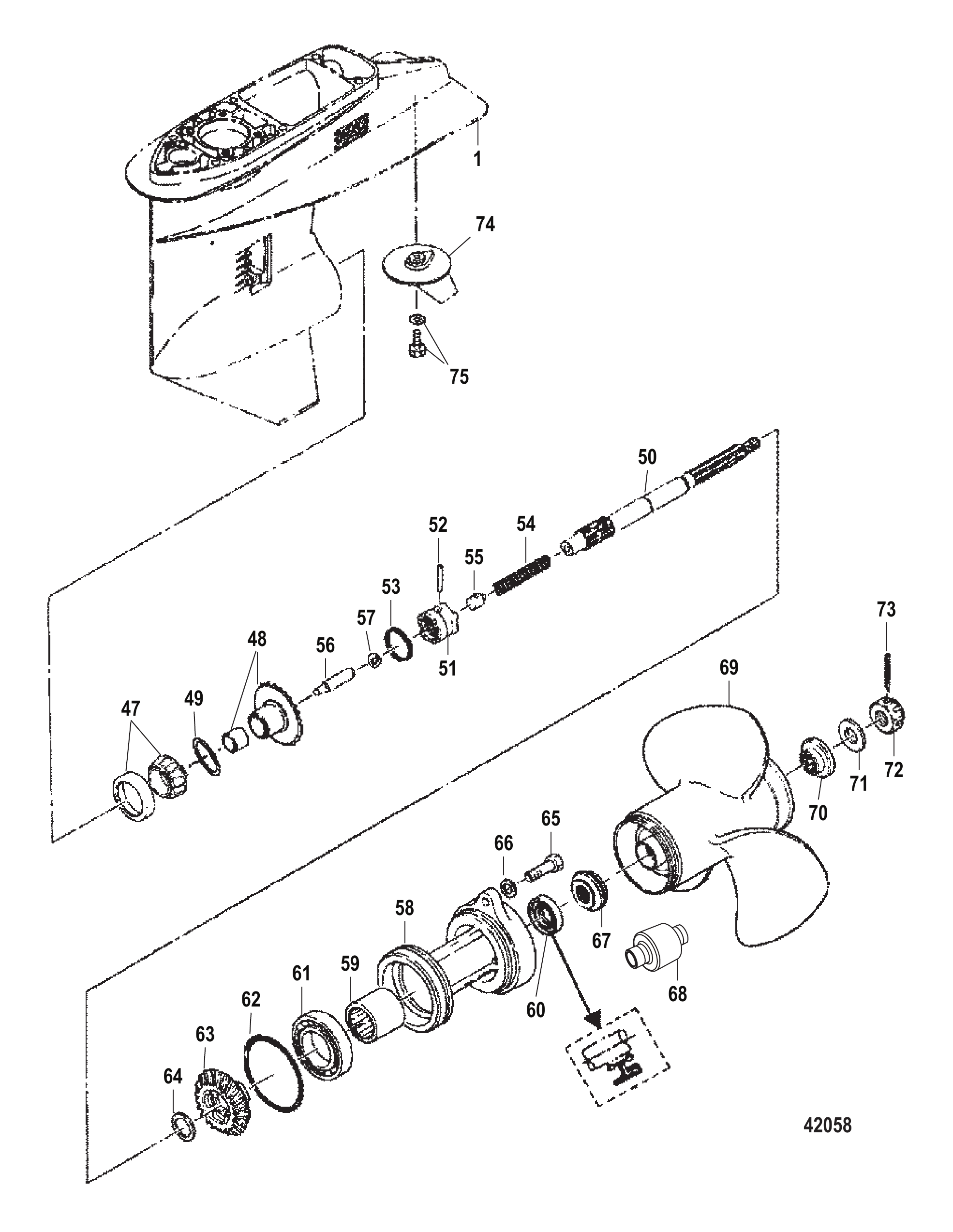 齿轮箱螺旋桨轴序列号0N116270及以下 Gear Housing Propeller Shaft, Serial 0N116270 and Below
