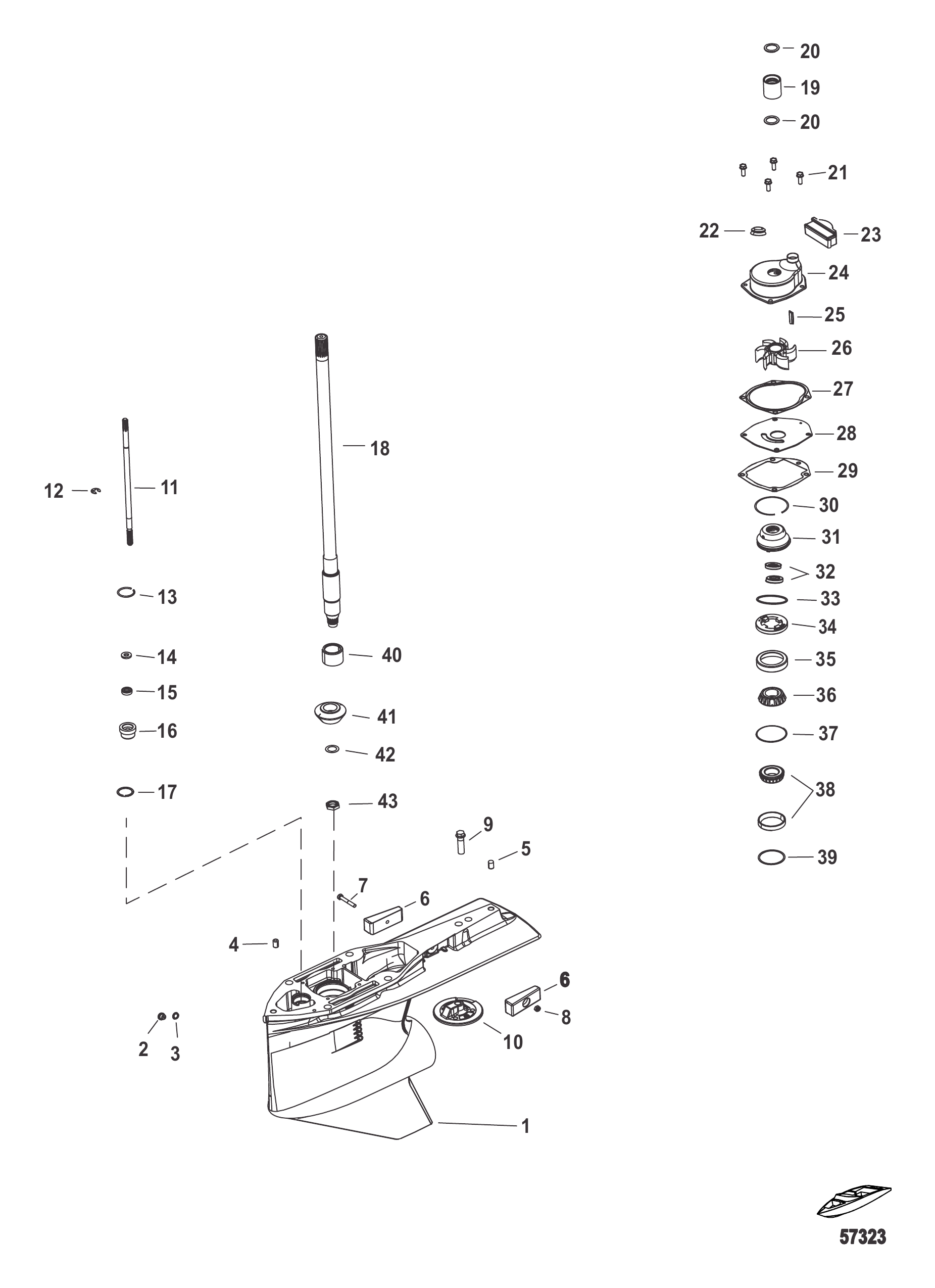 齿轮箱-驱动轴2.38:1标准/反向旋转 Gear Housing, Driveshaft 2.38:1 Standard/Counter Rotation