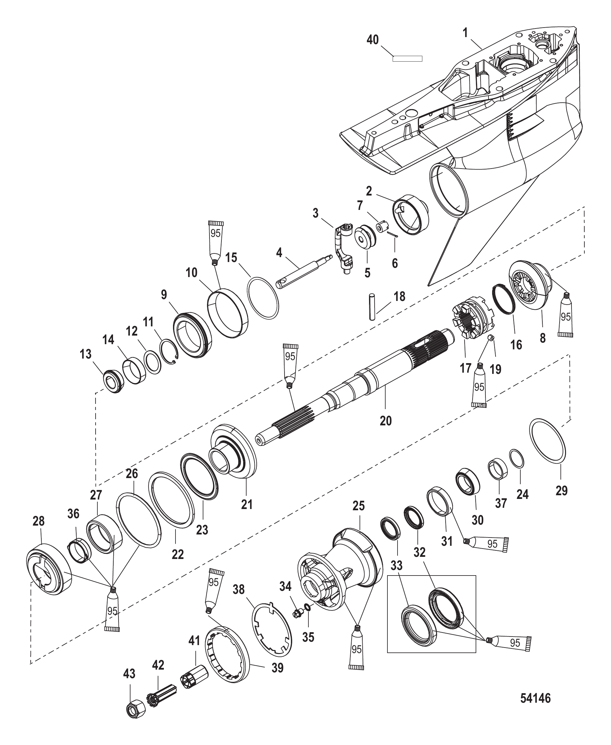齿轮箱壳体(螺旋桨轴,逆时针旋转2.08速比)SEAPRO 3B111735及以上 Gear Housing, Propeller Shaft, Counter Rotation (2.08 Ratio) SEAPRO 3B111735 and UP