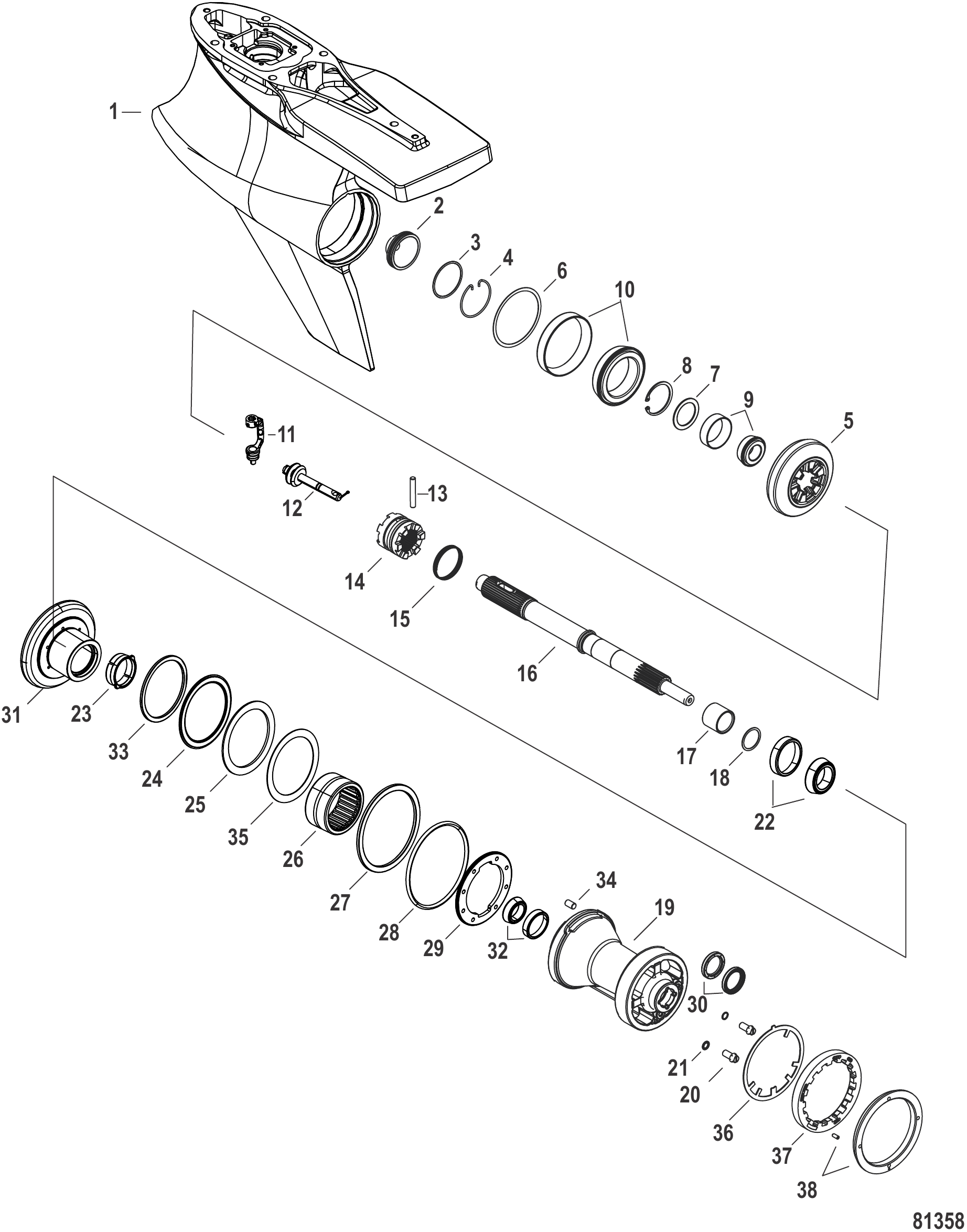齿轮箱（螺旋桨轴反向旋转，Sport Master，1.75传动比） Gear Housing, Prop Shaft-Counter Rotation, Sport Master (1.75 Gear Ratio)