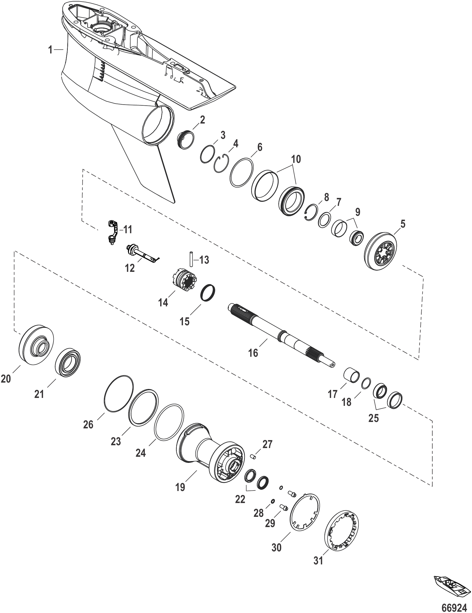 齿轮箱螺旋桨轴（标准旋转，4.80鱼雷型，1.85传动比） Gear Housing Prop Shaft - Standard Rotation, 4.80 Torpedo (1.85 Gear Ratio)