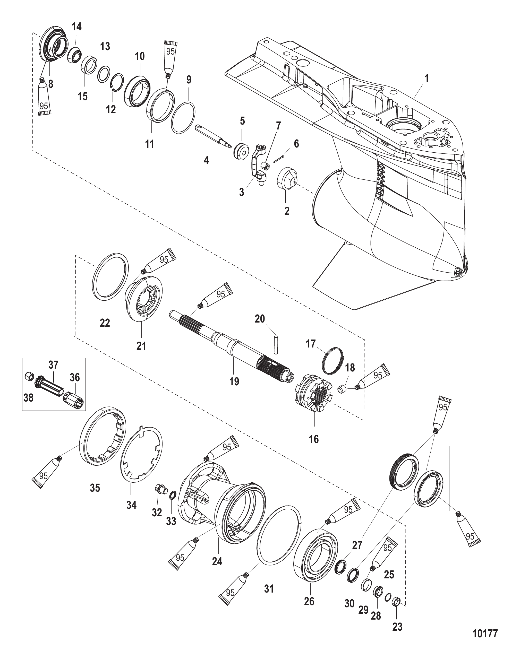 齿轮箱螺旋桨轴-标准旋转（2B026816及以下） Gear Housing Propeller Shaft-Std Rotation 2B026816 & below