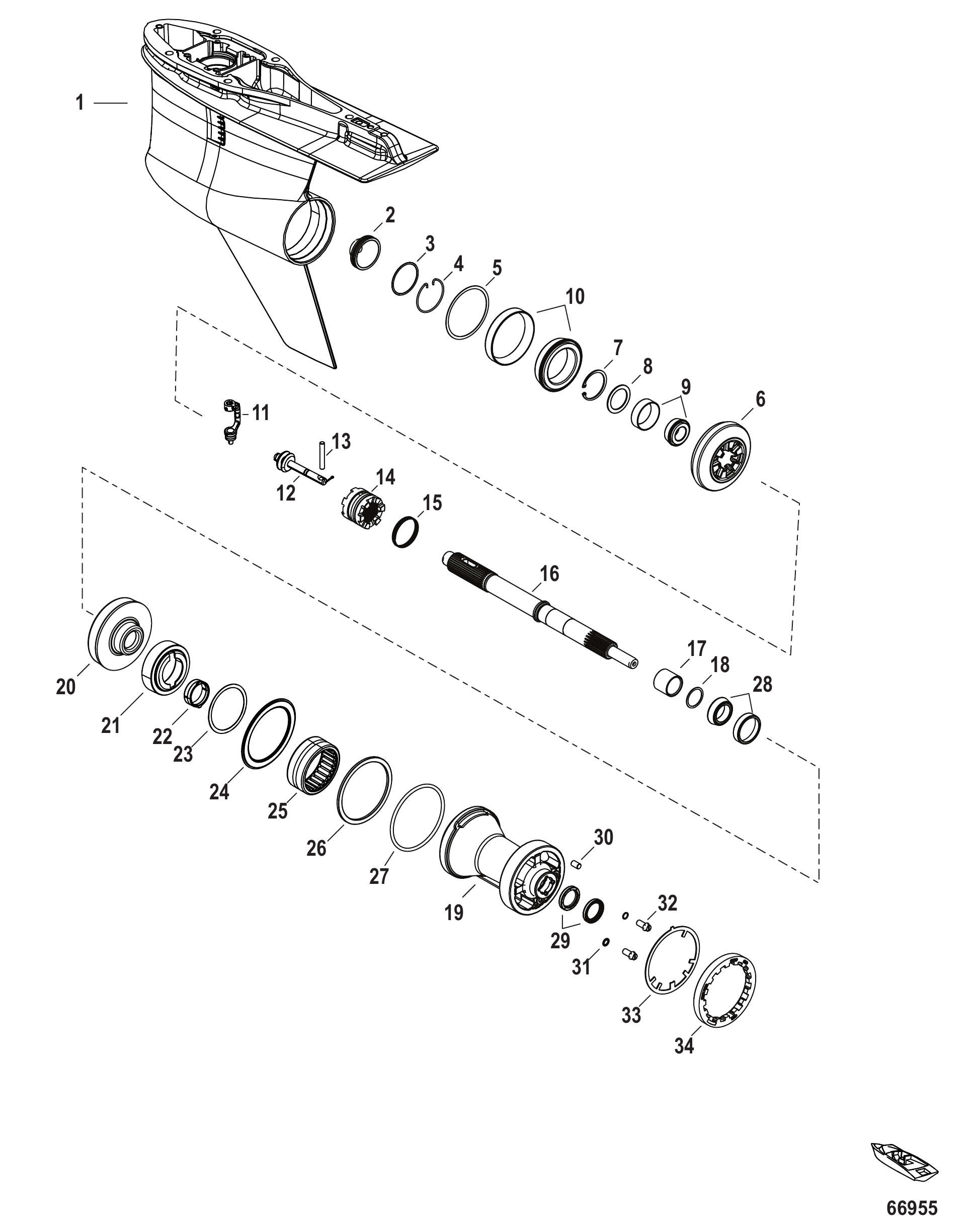 齿轮箱推进轴-反转,4.80鱼雷型(1.85减速比) Gear Housing Prop Shaft-Counter Rotation, 4.80 Torpedo (1.85 Ratio)
