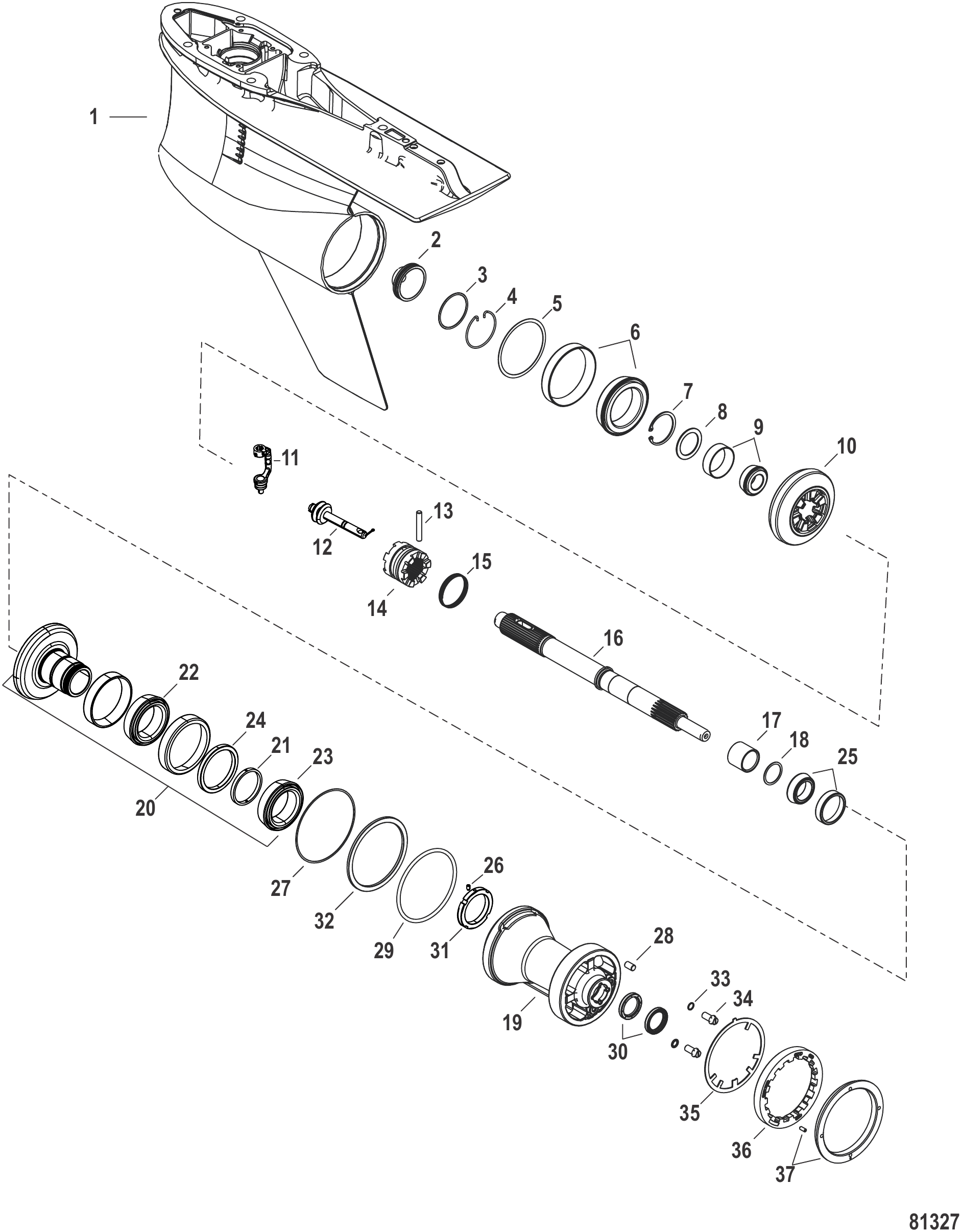 齿轮箱推进轴-反转,5.44鱼雷型(1.85减速比) Gear Housing, Prop Shaft-Counter Rotation, 5.44 Torpedo (1.85 Gear Ratio)
