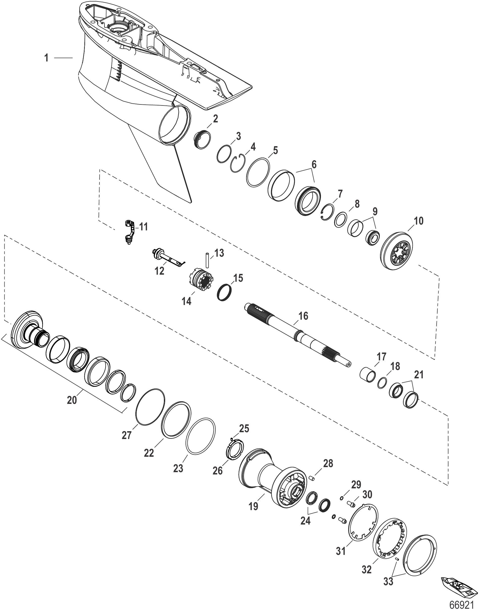 齿轮箱（螺旋桨轴-反转）-5.44鱼雷型（速比1.75/1.85） Gear Housing, Prop Shaft - Counter Rotation, 5.44 Torpedo (1.75 and 1.85 Gear Ratio)