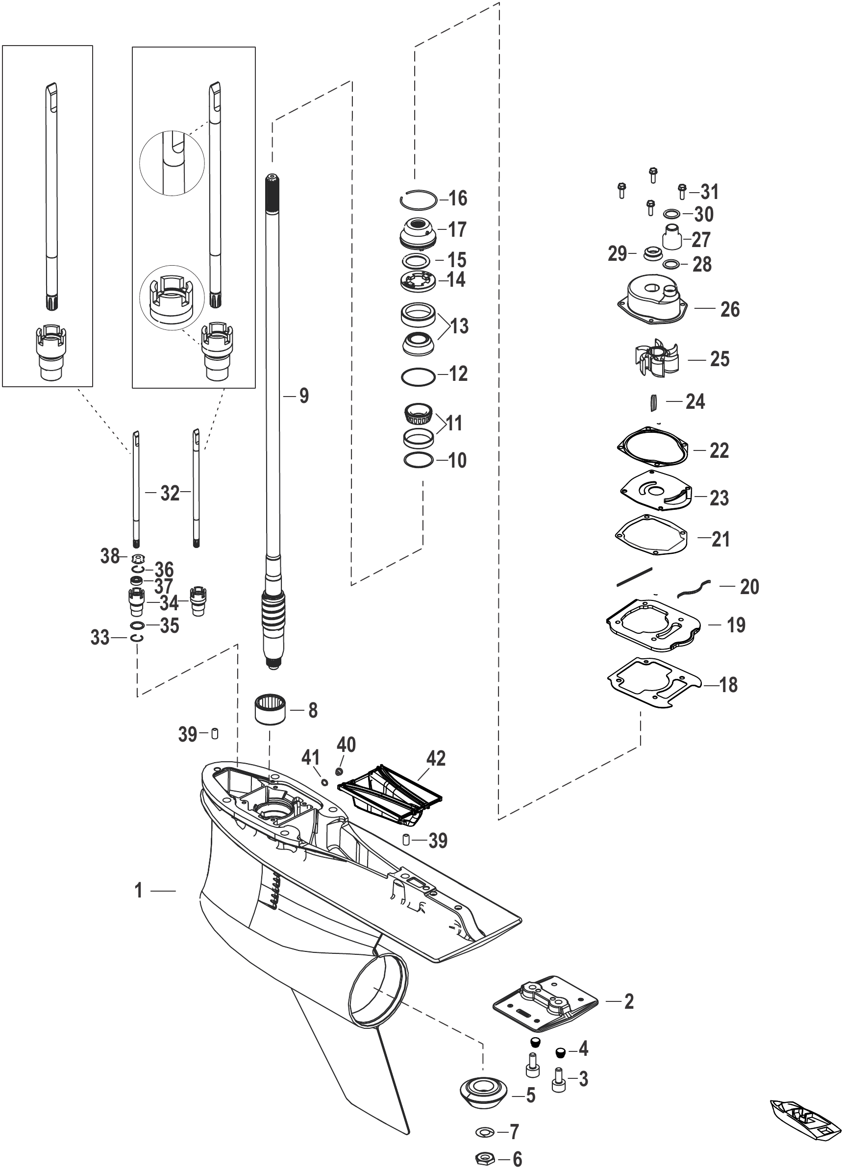 齿轮箱,驱动轴,5.44鱼雷型(1.75减速比) Gear Housing, Driveshaft, 5.44 Torpedo (1.75 Gear Ratio)