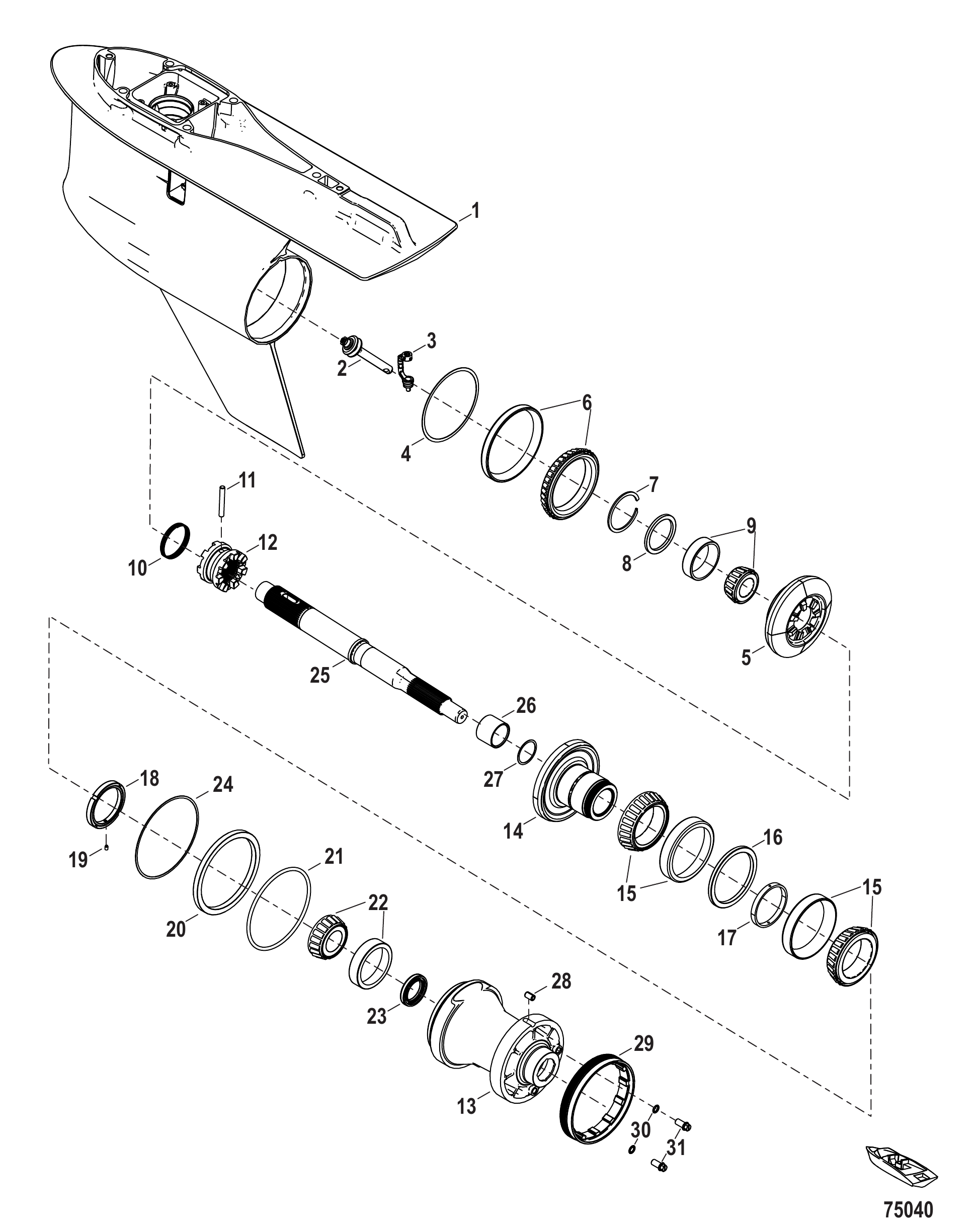 齿轮箱-螺旋桨轴(反转向)-6.44鱼雷型(2.08减速比) Gear Housing, Prop Shaft - Counter Rotation, 6.44 Torpedo (2.08 Gear Ratio)