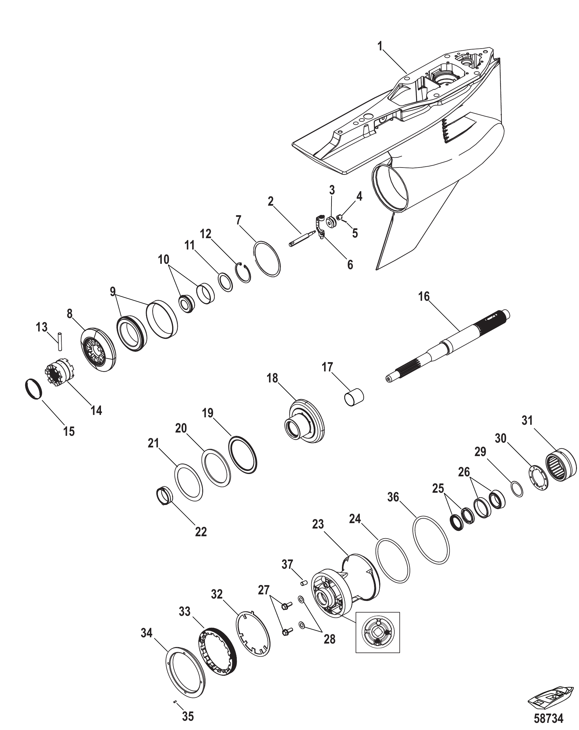 齿轮箱-螺旋桨轴(反转向)-5.44鱼雷型-I设计-滚子前轴承 Gear Housing, Prop Shaft Counter Rot, 5.44 Torpedo- Design-I, Roller Forward Bearing