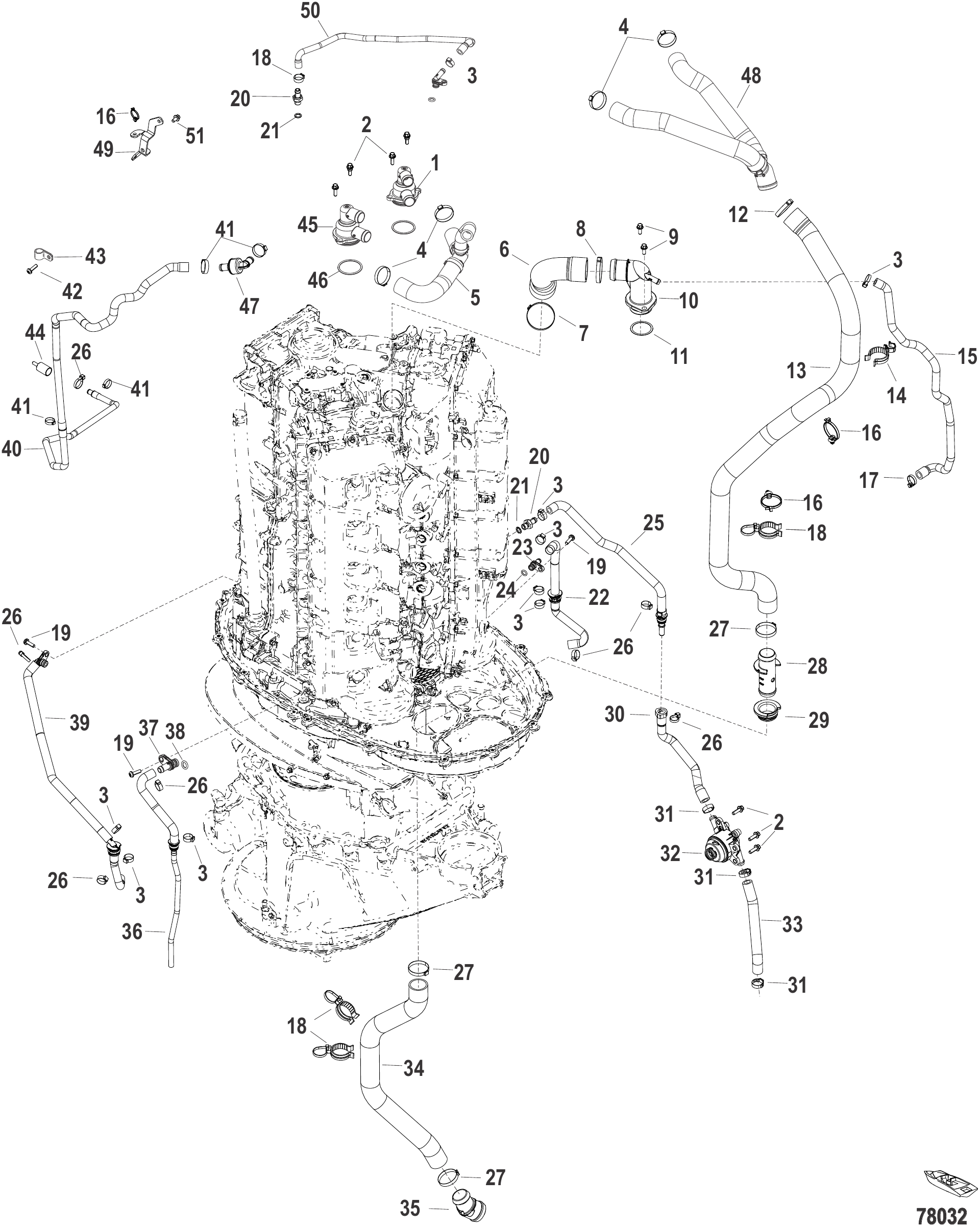 冷却系统 软管与节温器 序列号3B332192及以上 Cooling, Hoses and Thermostats Serial 3B332192 and Up