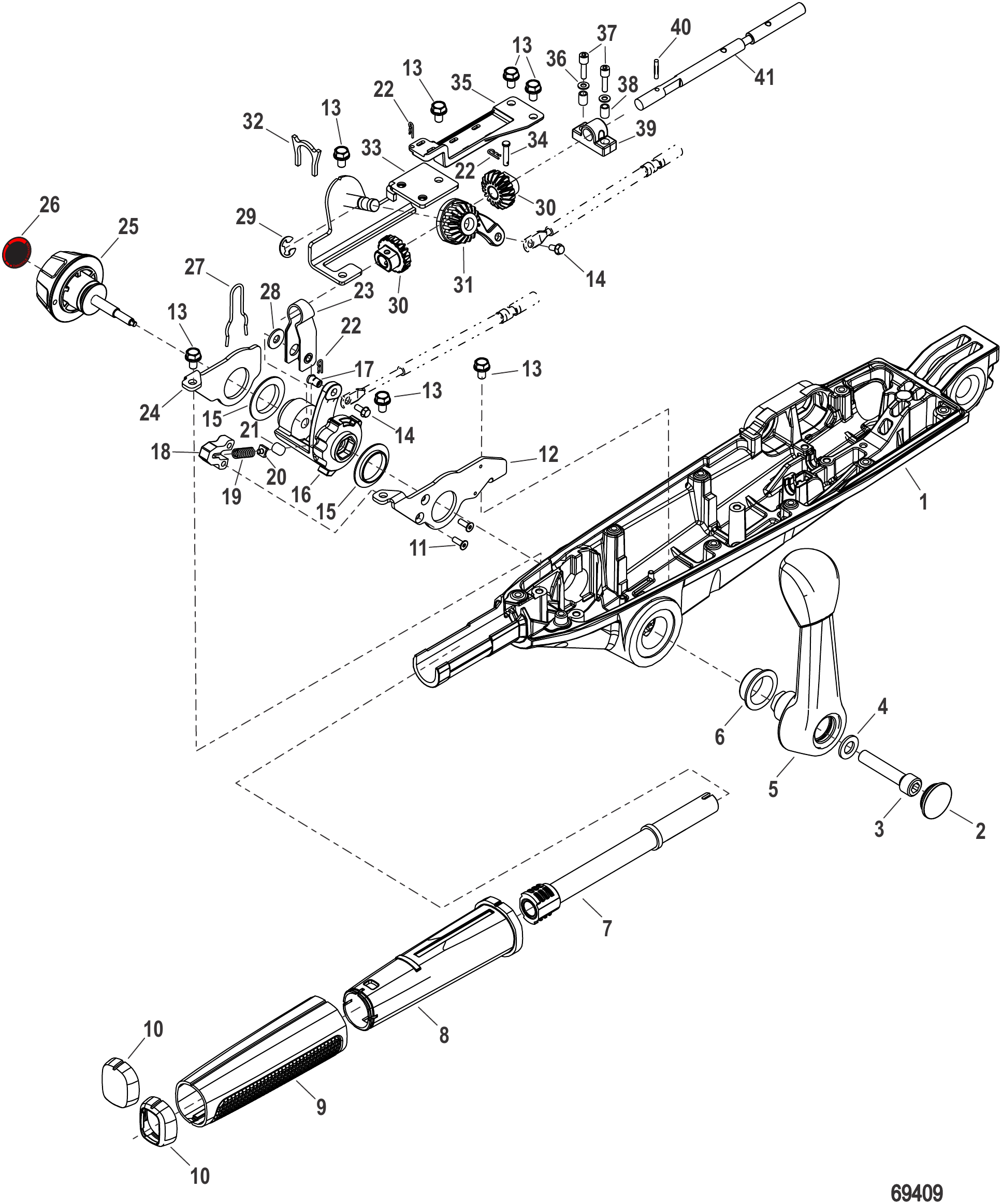舵柄换挡与油门组件(中置式SeaPro) Tiller Handle Shift and Throttle Components (Mid Mount SeaPro)