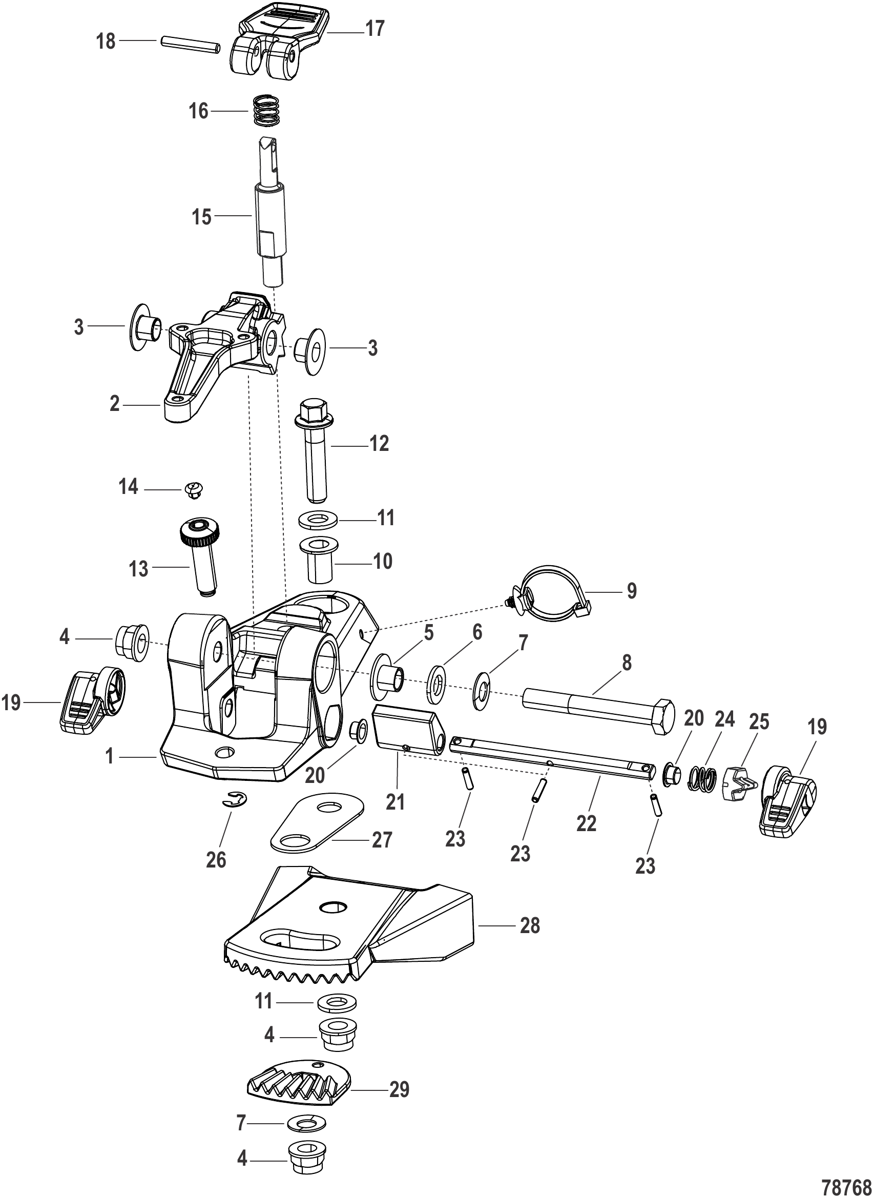 转向舵柄支架 75e型号 Steering Tiller Bracket 75e Models