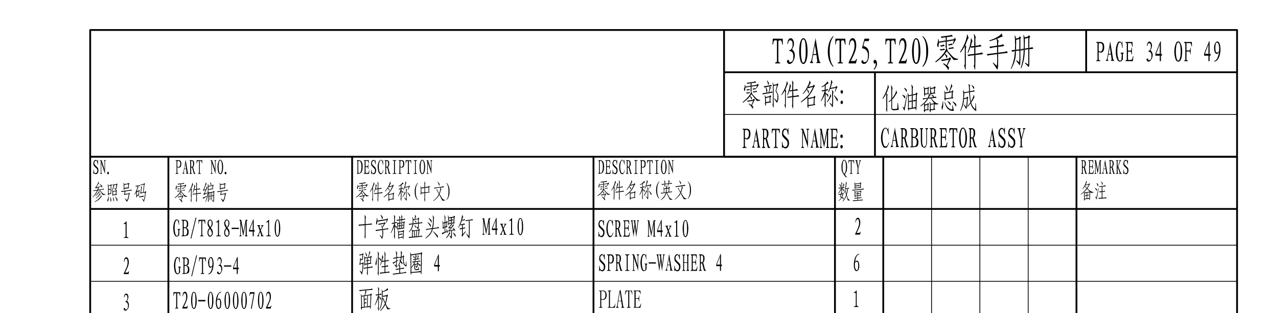 化油器总成 CARBURETOR ASSY 爆炸图