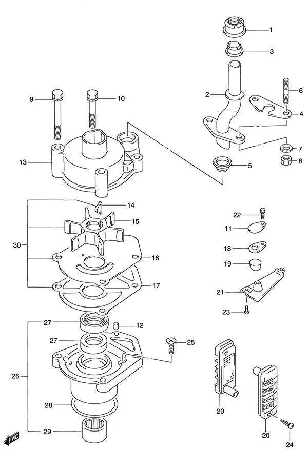 水泵(DT140EFI - 1997至2001款) Water Pump(DT140EFI - 1997 to 2001)